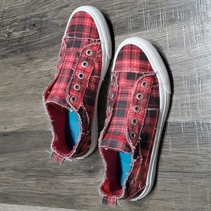 Red and Black plaid slip on Blowfish